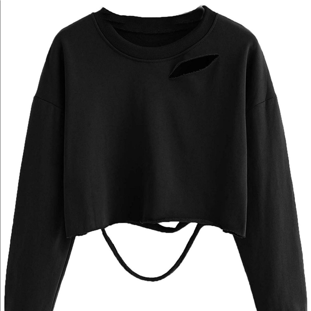NEW Distressed Boxy Crop Black Long Sleeve S-3X